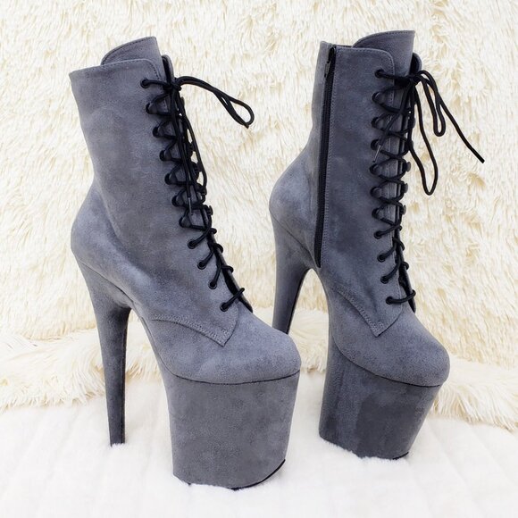 Flamingo 1020FS Gray Vegan Suede 8" High Heel Platform Ankle Boots - Picture 10 of 11